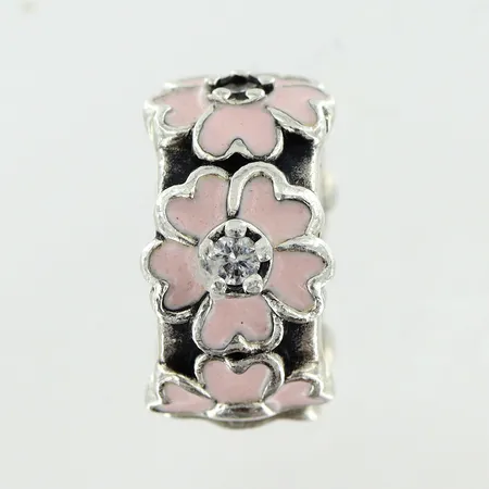 Berlock/klämstopp Pandora 10x5mm, blommor med rosa emalj och vita stenar, liten tilltryckning/skevhet, ALE silver 925/1000 Vikt: 2,1 g