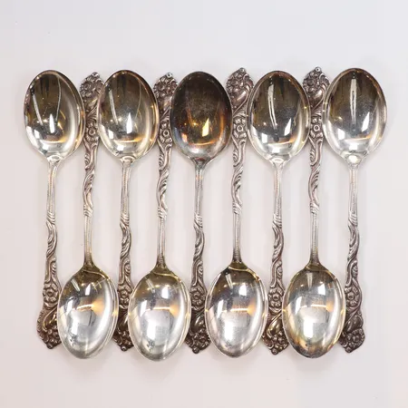 9 Kaffeskedar, längd 11,5cm, bredd 3-25mm, MAB, 830/1000 silver Vikt: 127,4 g