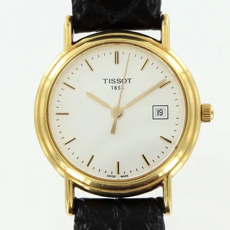 Damur Tissot 18K quartz Ø26mm, datum, sekundvisare, original läderband med defekter 21cm, törnlås, gravyr, i behov av batteribyte, bruttovikt 22,9g, bok, box .