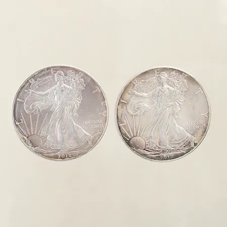 2 Mynt One dollar 1OZ Liberty USA 2012 Ø40,6mm plastetui silver 999/1000 Vikt: 62,5 g på auktion i Solna hos Pantbanken Sverige