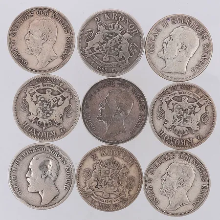 9 Mynt Oscar II 1876-1907, nominellt värde 2kr, silver 800/1000 Vikt: 132,1 g