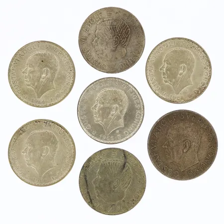 7 Mynt 5-kronor, 1866,1952,154,1955, 400/1000 silver Vikt: 131,1 g