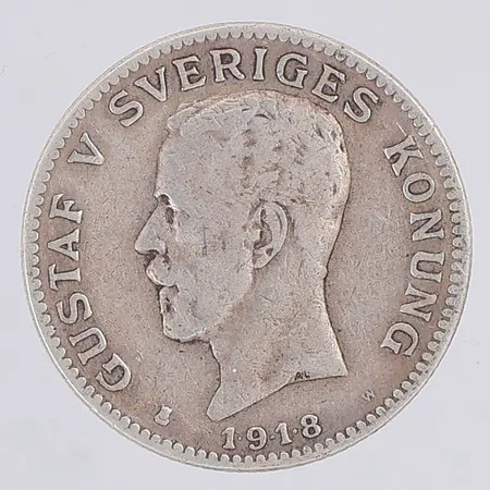Mynt Gustaf V 1 kr år 1918, 800/1000 silver Vikt: 7,4 g