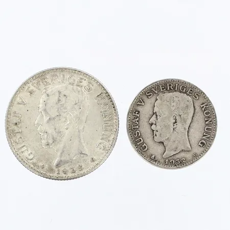 2 Mynt Gustav V, silver 800/1000 Vikt: 22,3 g