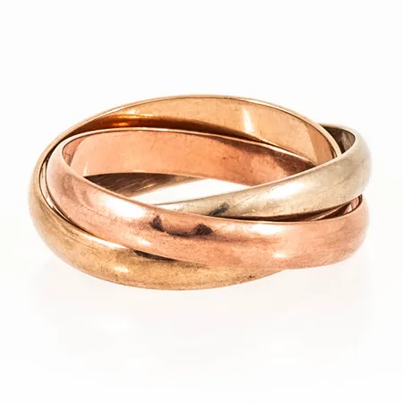 Ring 3-delad stl:18 bredd ca 6mm, gul-, vit- och roséguld 9K 4,7g.