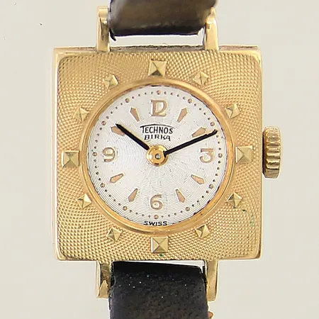 Damur Technos Birka 18K manuell 18x16mm går ej defekt/saknar glas läderband ej original med slitage