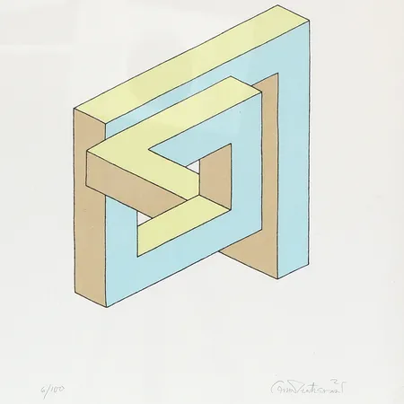 Litografi Oscar Reutersvärd, 42x32cm, omöjlig figur, numrerad: 6/100 samt signerad i Blyerts, ej examinerad ur ram