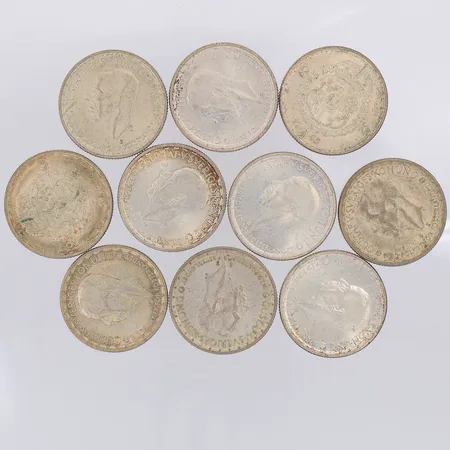 10 Mynt Gustaf V 1943-1950, nominellt värde 2kr, silver 400/1000 Vikt: 140 g