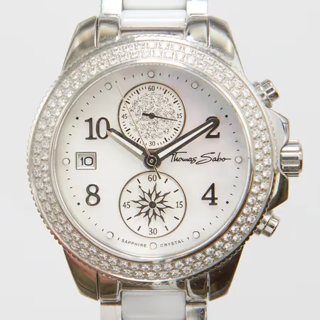 Damur Thomas Sabo, vita stenar, 38,5mm, pärlemorurtavla, quartz, extra länkbitar, behov av batteribyte