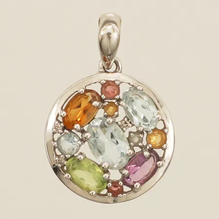 Hänge med diamanter 3xca0,001ct, ametist citrin topas peridot rhodolit, Ø14,2mm, GHA vitguld 18K Vikt: 2,1 g