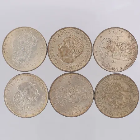 6 Mynt Gustaf VI Adolf 1953-1959, nominellt värde 2kr, silver 400/1000 Vikt: 83,9 g