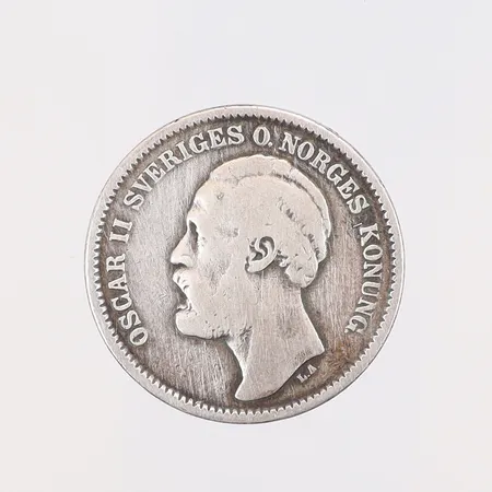 Silvermynt, Oscar II Sveriges o Norges Konung "2 kronor" år 1876, 800/1000 silver Vikt: 14,6 g