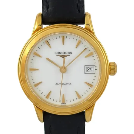 Damur Longines Flagship Automatic i 18K guld, Ø26 mm, automatisk, kaliber 595.2, serienummer 31208785, referensnummer L4.217.6, originalbox (färgbortfall), ej ifyllt cert, manual, original skinnband och extra skinnband, fint skick, Vikt: 28,6 g