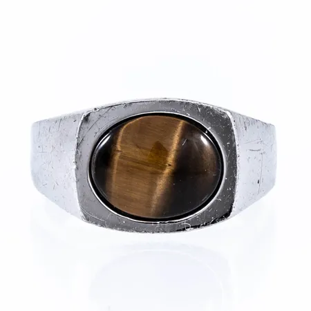 Klackring med cabochonslipad tigeröga stl:17 (öppen/justerbar) bredd 3-10,5mm, silver 835/1000 4,6g.