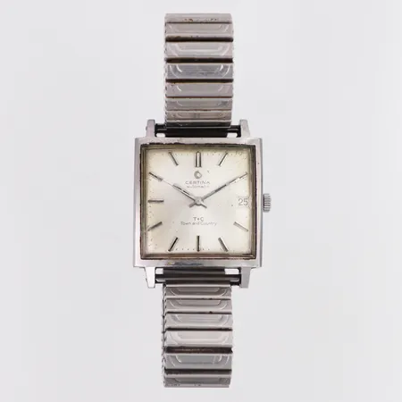 Herrur Certina T+C Town and Country 30x30mm automatisk, referensnr: 5801 115, serienr: 5497424, datum, flexiband i stål, repigt glas, sliten