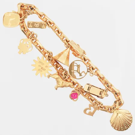 Armband Ankar med tolv berlocker, längd 19,5cm, bredd 4-30mm, en berlock med sten, 18K Vikt: 33,2 g