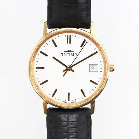 Herrur Antima 18K, quartz, Ø33mm, boettnr:20556.4100.68, med läderband, bruksslitage på band, repigt plexiglas, gravyr, batteribyte krävs, ej funktionstestad, originalbox. 