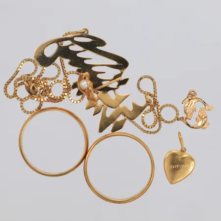 2 Ringar, 1 Collier, 2 Hängen, 1 Örhänge, udda, gravyr, defekt, 18K Vikt: 21,3 g