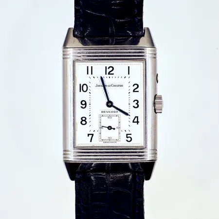 Herrur Jaeger-LeCoultre Reverso Night & Day, stål, manuell, serie-nr: 1853786, Ø26mm, bruksskick, blått läderband i bra skick, inga tillbehör