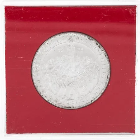 Silvermynt ALL OFFENTLIG MAKT I SVERIGE UTGÅR FRÅN FOLKET 1975 SVERIGE 50KR Ø36mm, silver 925/1000 27,0g.
