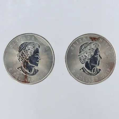 Två mynt Elizabeth II 5 dollars 2016 Canada fine silver Silver 999/1000. Vikt: 62,2 g