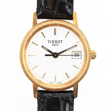 Damur Tissot 18K, quartz, Ø24mm, med läderband, bruksslitage, batteribyte krävs, ej funktionstestad, gravyr, originalbox.