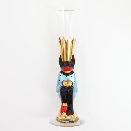 Snappsglas Orrefors Nobel Djävulsglas formgivare Gunnar Cyrén, 16,5cm, ljusblå metall, etikettmärkt, monogramsignerad, mindre färgbortfall vid nos Vikt: 0 g