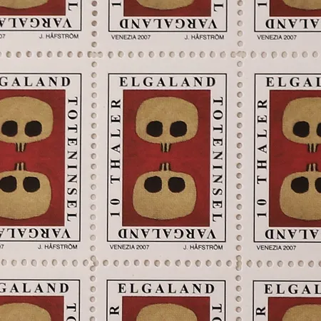 Litografi Jan Håfström (1937-) frimärksark "Elgaland Vargaland", signerad och numrerad 51/100, mått 19,5x13,5cm, ej inramad