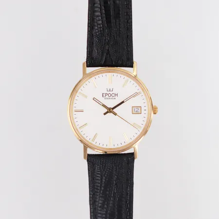 Herrur Epoch Stockholm 18K Ø33mm quartz, datum safirglas, svart läderband, plast kvar på bakboett, står still, originaletui