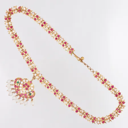 Collier odlade pärlor färgade stenar längd 36,5-39cm, skev, 22K Vikt: 40,5 g