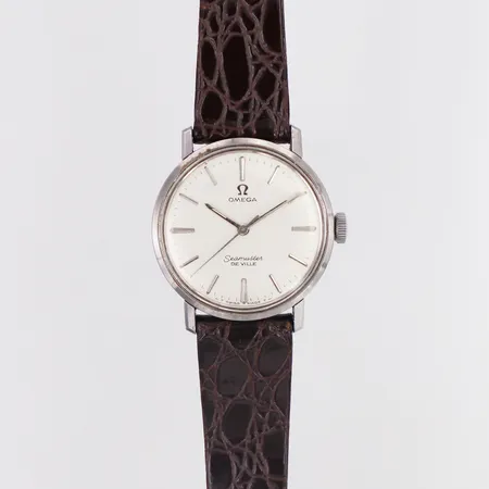 Herrur Omega Seamaster De Ville Ø33mm manuell, stål, plexiglas repig, brunt läderband, graverad bakboett, inga tillbehör