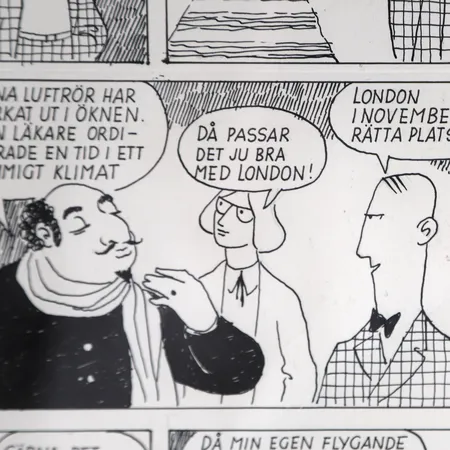 Tavla illustration ur Ture Sventon, Sven Hemmel (1906-1982), tusch på papper, osignerad, bildmått ca 37x46cm, mått inklusive ram 48x57,5cm, ej examinerad ur ram Specialfrakt, kontakta pantbankskontoret för mer information.