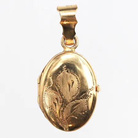 Hänge medaljong, längd 31,2mm, 3-15,6mm, gravyr, 18K. Vikt: 5 g