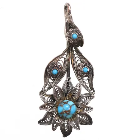 Hänge Filigranarbete med turkos, längd 39,2mm, bredd 1,1-16,4mm, 830/1000 silver. Vikt: 3,7 g