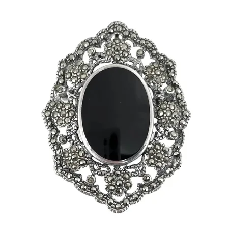 Vintage Hänge/Brosch silver svart sten & Markasiter, mått 42x32 mm, centrumsten utan anmärkning, svag oidentifierad tillverkarstämpel Vikt: 9,9 g