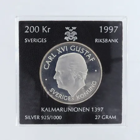 Mynt Kalmarunionen år 1997 nominellt värde 200kr plastetui silver 925/1000  Vikt: 27 g
