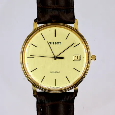 Herrur Tissot Seastar 18K, quartz, Ø34mm, datum, nytt Hirsch armband, repigt glas, Bruttovikt: 29,8g
