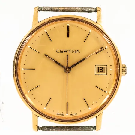 Herrur Certina guld 18K quartz Ø33,5mm, datum, plexiglas, saknar band/länk, gravyr, repigt glas, går ej - batteribyte krävs? Bruttovikt 21,9g.