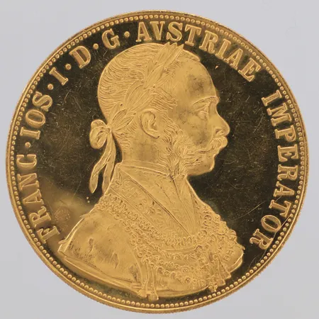 Mynt Ø40mm, Frans Joseph I, Österrike år 1915, 986/1000 guld Vikt: 14 g