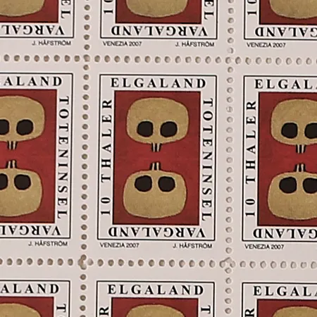Litografi Jan Håfström (1937-) frimärksark "Elgaland Vargaland", signerad och numrerad 48/100, mått 19,5x13,5cm, ej inramad