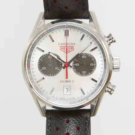 Herrur Tag Heuer Carrera Caliber 17 Ø40mm, automatisk, datum, kronograf, stål, ref nr CV2119, serie nr EPQ4775, läderband, cert, kvitto från 2019, box, ytterkartong. Vikt: 0 g
