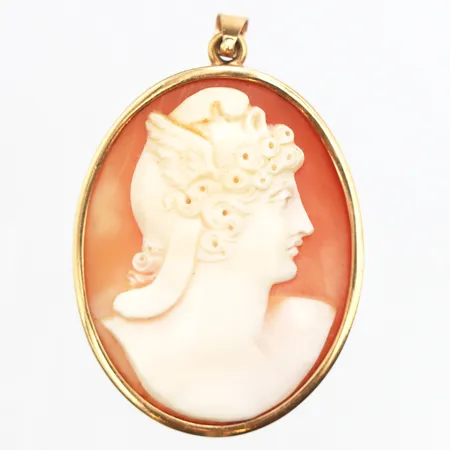 Hänge med camé, längd ca 37mm, bredd ca 24mm, 18K. Vikt: 6,7 g