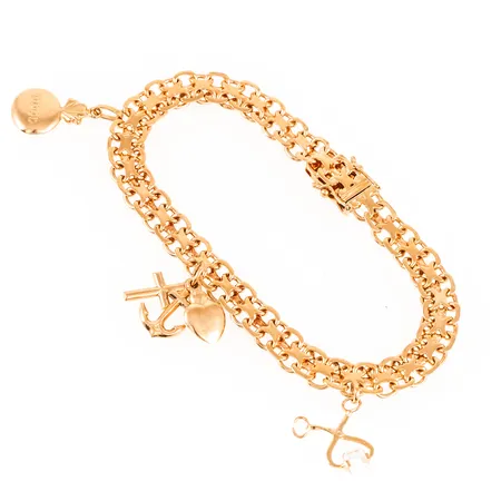 Armband X-länk med tre berlocker längd 19,5cm bredd 7mm, 18K 17,6g. 