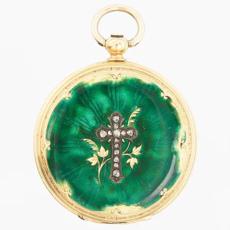 Mormorsur De Sufry Geneve med emaljdekor och rosenstenar, manuell, 18K, 32mm, boettnr 6386, glas och visare saknas, tre boetter i guld, defekter i emalj, lock går ej att stänga helt, brv: 24,5g
