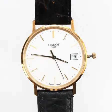 Herrur Tissot 18K, quartz, Ø33mm, läderband, bruksslitage på band, något slitage/repor på boett och plexiglas, batteribyte krävs, ej funktionstestad, defekt krona går ej att vrida, originalbox, ytterkatrong. 