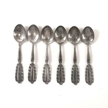 Sex kaffeskedar längd 10cm, Guldsmedsaktiebolaget GAB, år 1966, silver 830/1000 Vikt: 48,7 g