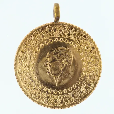 Mynt/hänge Ataturk Ø39,8mm 2003 ögla ej i guld 22K.  Vikt: 18 g