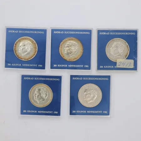 5 Minnesmynt 200 kr -CARL XVI GUSTAF Sveriges Konung, Ändrad successionsordning 1980, Ø36mm, plastetuier, 925/1000 silver Vikt: 135 g