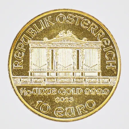 Guldmynt 10 euro 1/10 unze gold 999,9 2023 republik österreich Ø ca 16mm med plastetui 24K Vikt: 3,1 g