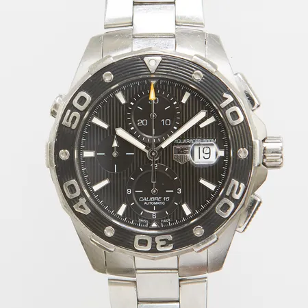 Herrur Tag Heuer Aquaracer Caliber 16, Ø44mm, stållänk, längd: 21,8cm, automatisk, datum, kronograf, safirglas, ref nr CAJ2110-2, serie nr RMB9570, repig, stållänk, inga tillbehör. Vikt: 0 g